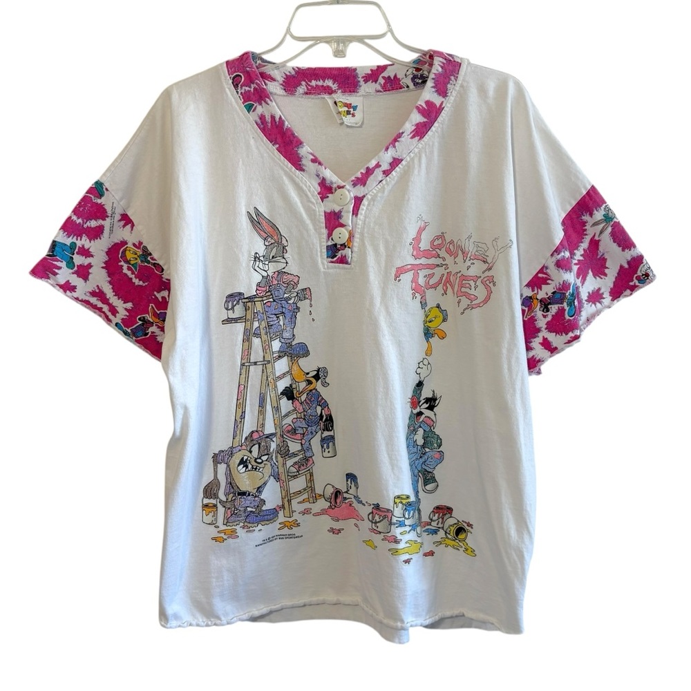 Vintage 90s Looney Tunes Size Large White Pink Tie Die Baseball Top Cartoon
